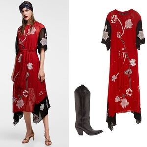 Zara Limited Edition Chiffon Embroidered Beaded Dress In Black Red White Size S